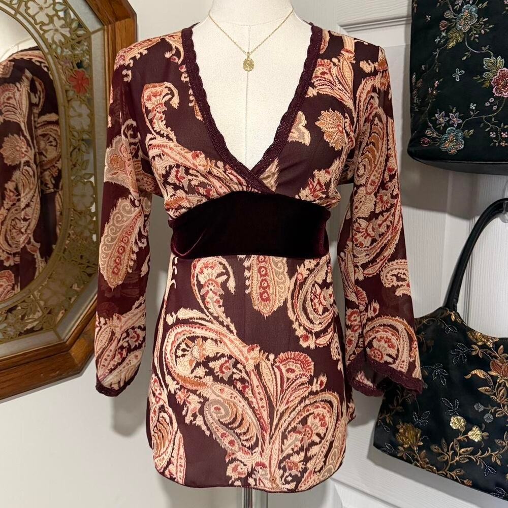VTG Y2K Arden B Burgundy Red & Brown Velvet Sheer Paisley Mid Bell Sleeve Top S
